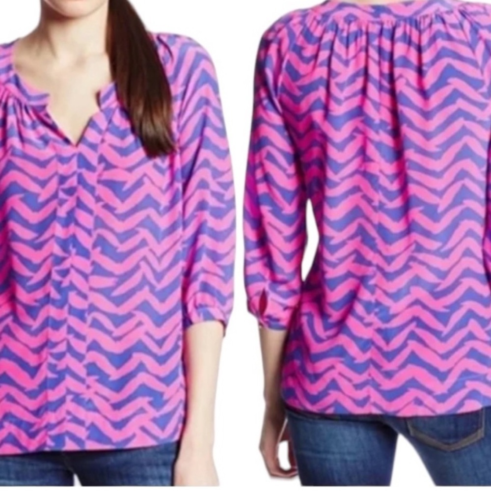 Lilly Pulitzer Vibrant Pink and Blue silk Blouse